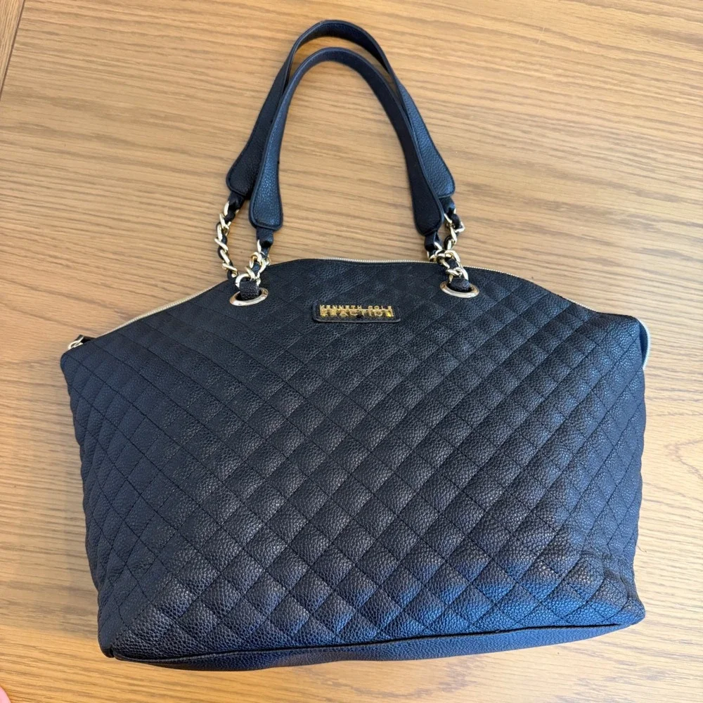 Kenneth Cole Reaction Quilted Tote Bag Women Large Black Faux Leather Diamond